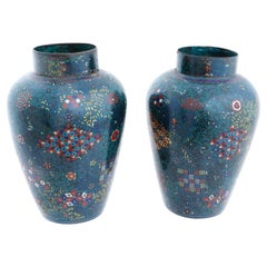 Antique Pair Of Japanese Cloisonne Enamel Green Geometric Pattern Vases