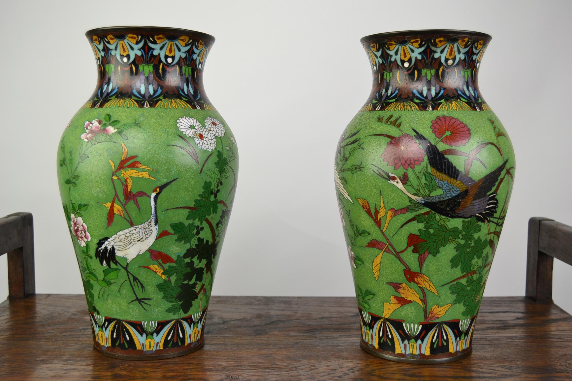 Pair of Japanese Cloisonne Enamel on Copper Vases with Crane Birds and Flowers  3