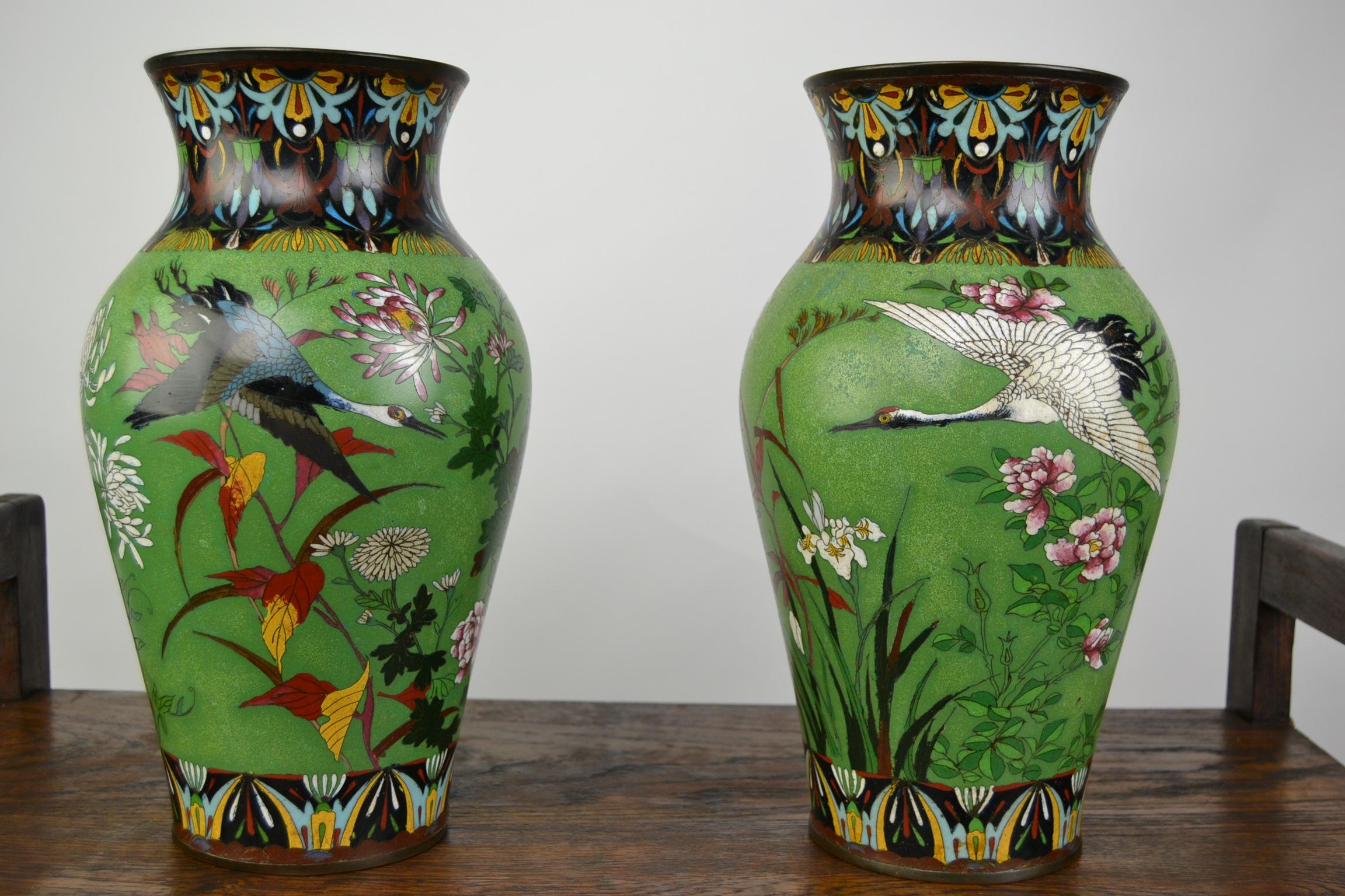 Pair of Japanese Cloisonne Enamel on Copper Vases with Crane Birds and Flowers 4