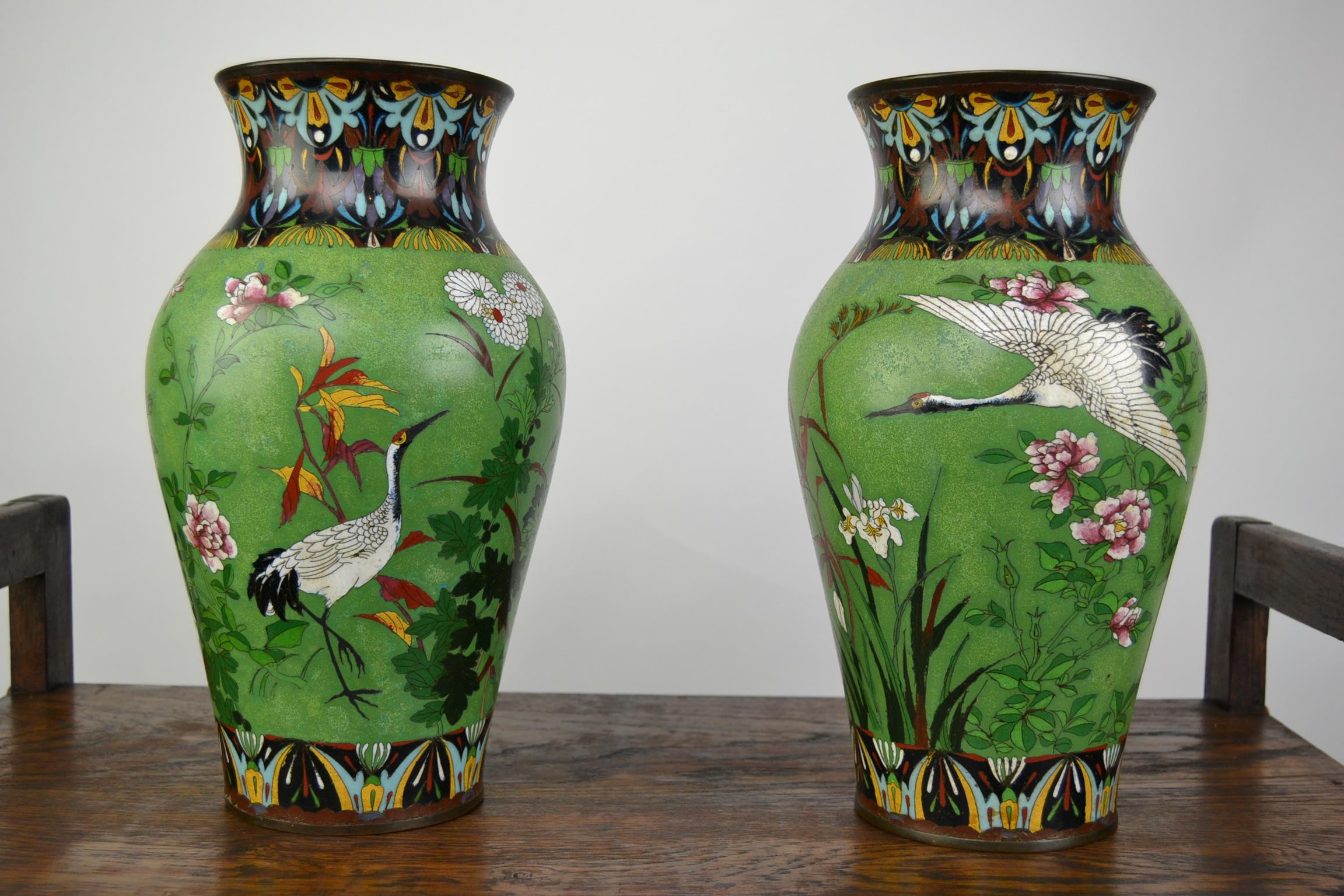 Pair of Japanese Cloisonne Enamel on Copper Vases with Crane Birds and Flowers  5