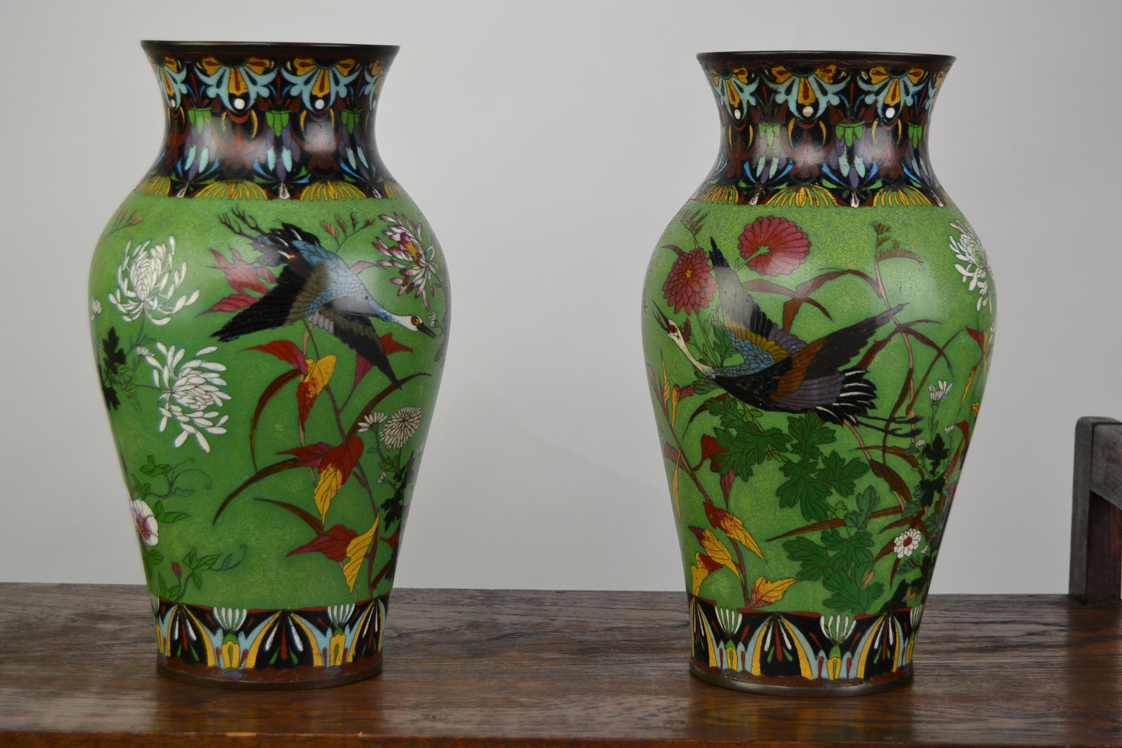 Pair of Japanese Cloisonne Enamel on Copper Vases with Crane Birds and Flowers  6