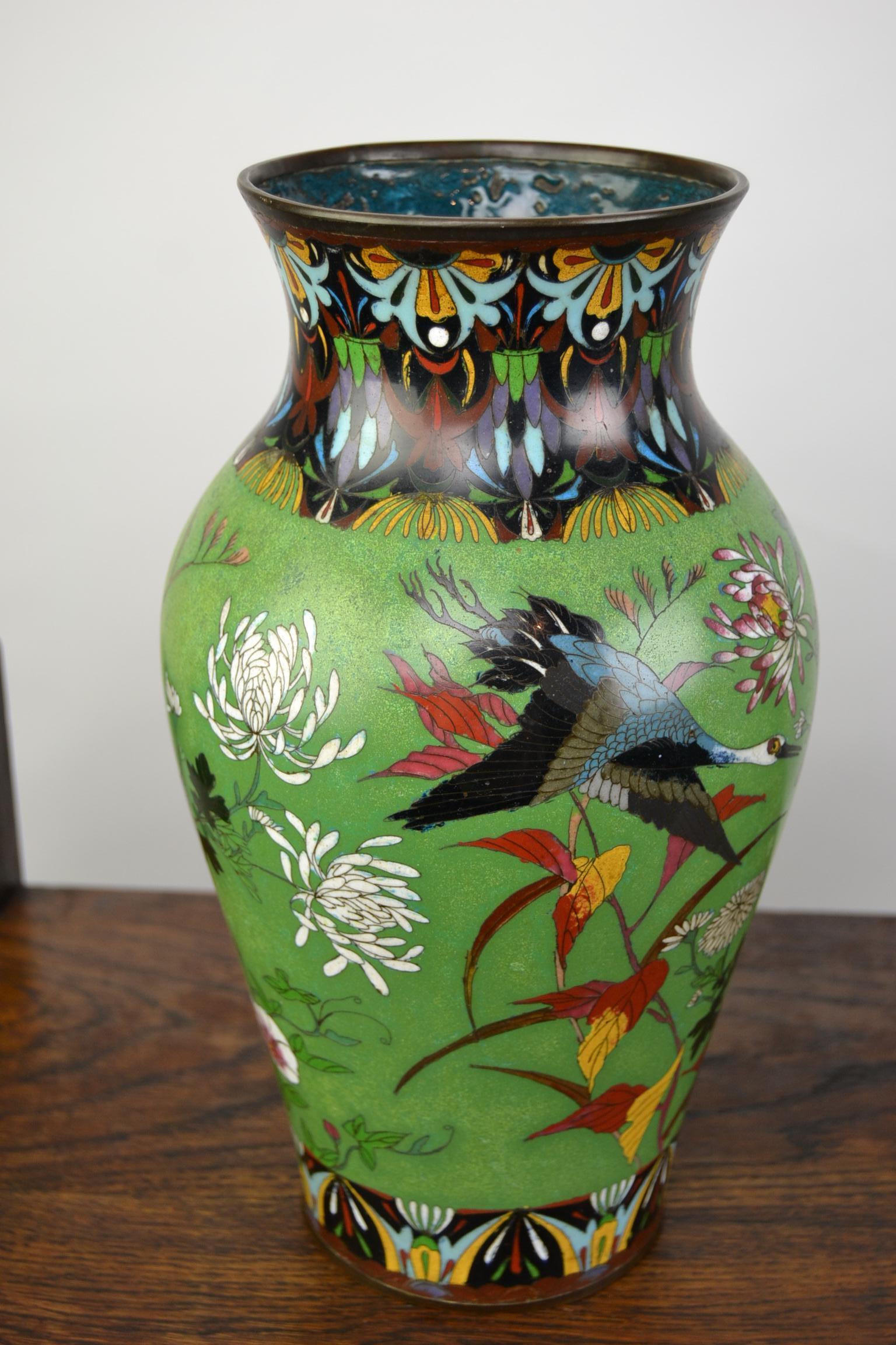 Pair of Japanese Cloisonne Enamel on Copper Vases with Crane Birds and Flowers  11