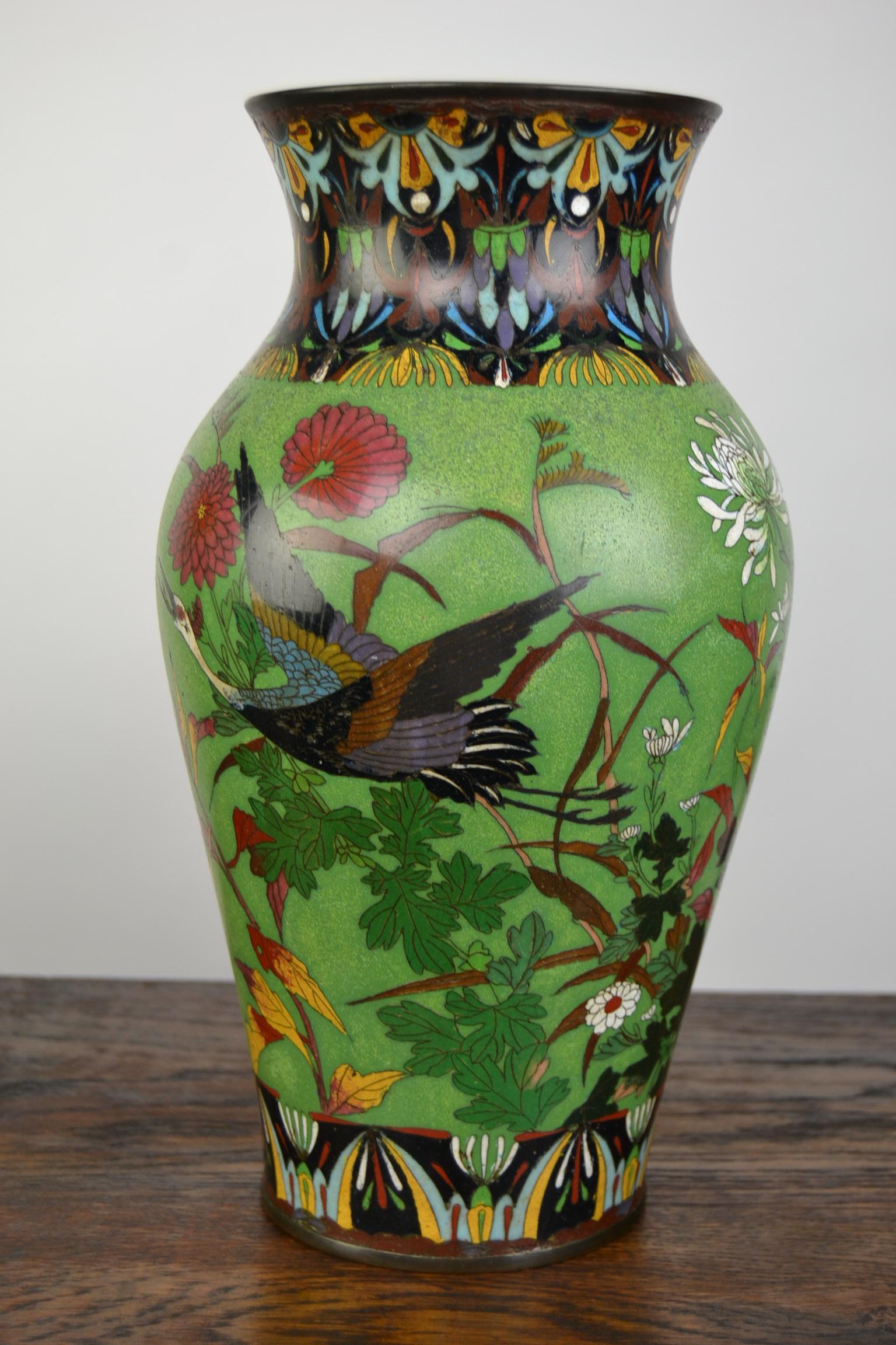 Pair of Japanese Cloisonne Enamel on Copper Vases with Crane Birds and Flowers  12