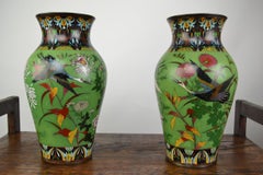 Pair of Japanese Cloisonne Enamel on Copper Vases with Crane Birds and Flowers