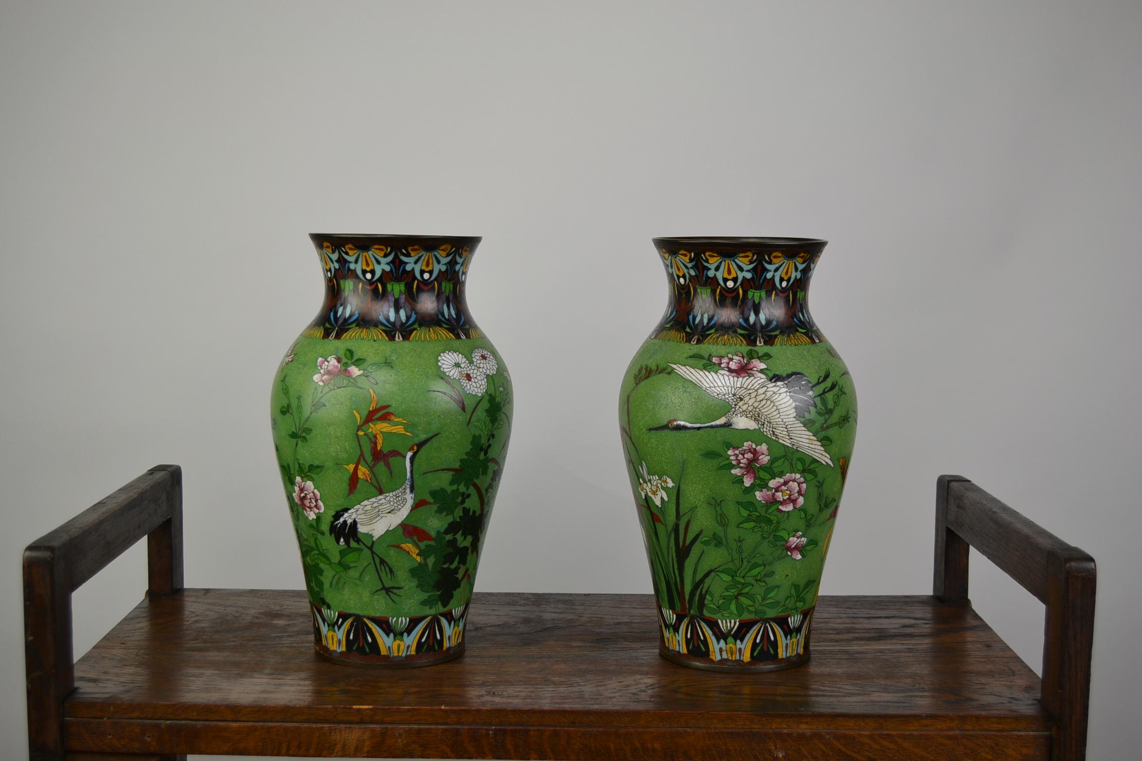 Pair of Japanese Cloisonne Enamel on Copper Vases with Crane Birds and Flowers  13