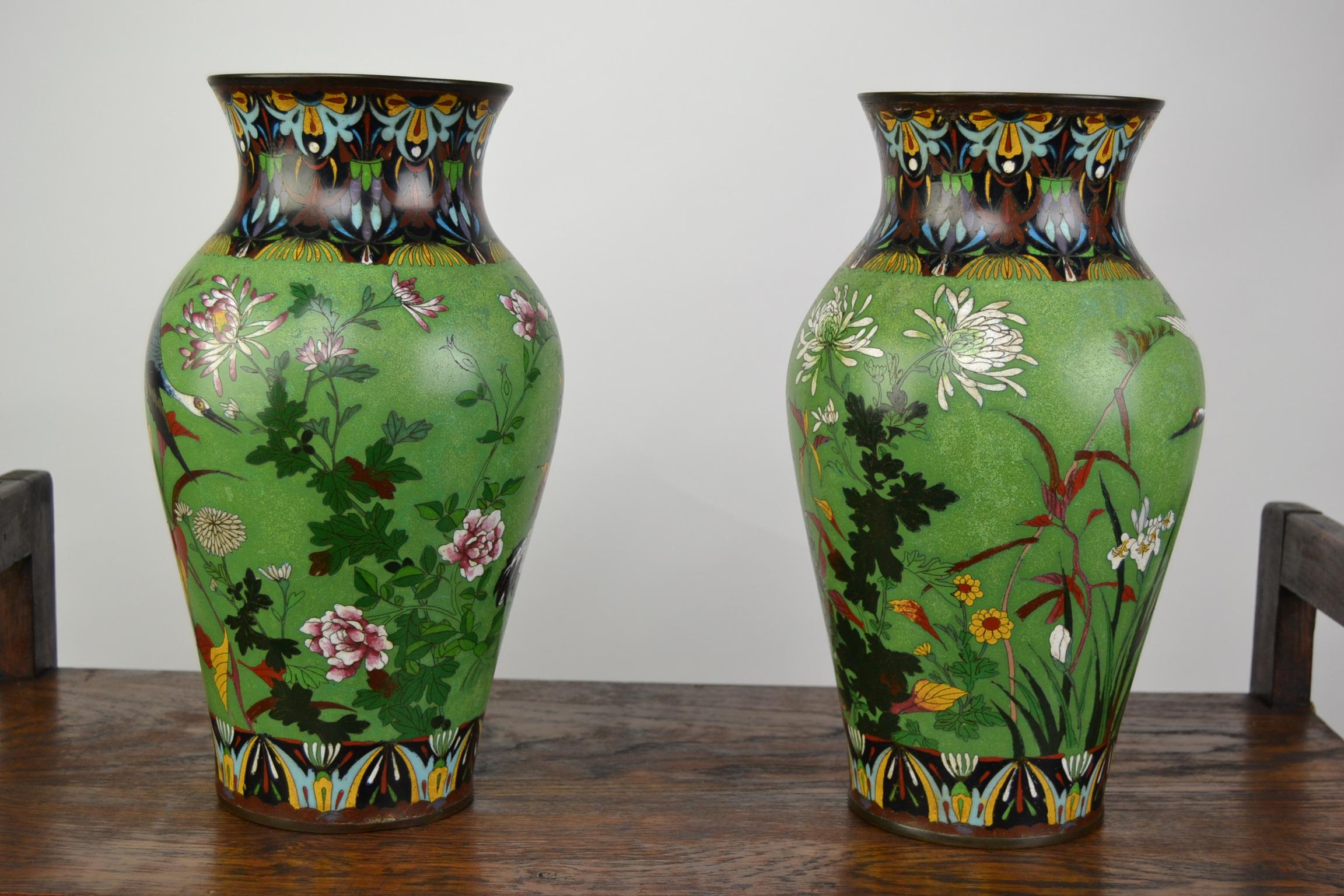 20th Century Pair of Japanese Cloisonne Enamel on Copper Vases with Crane Birds and Flowers 