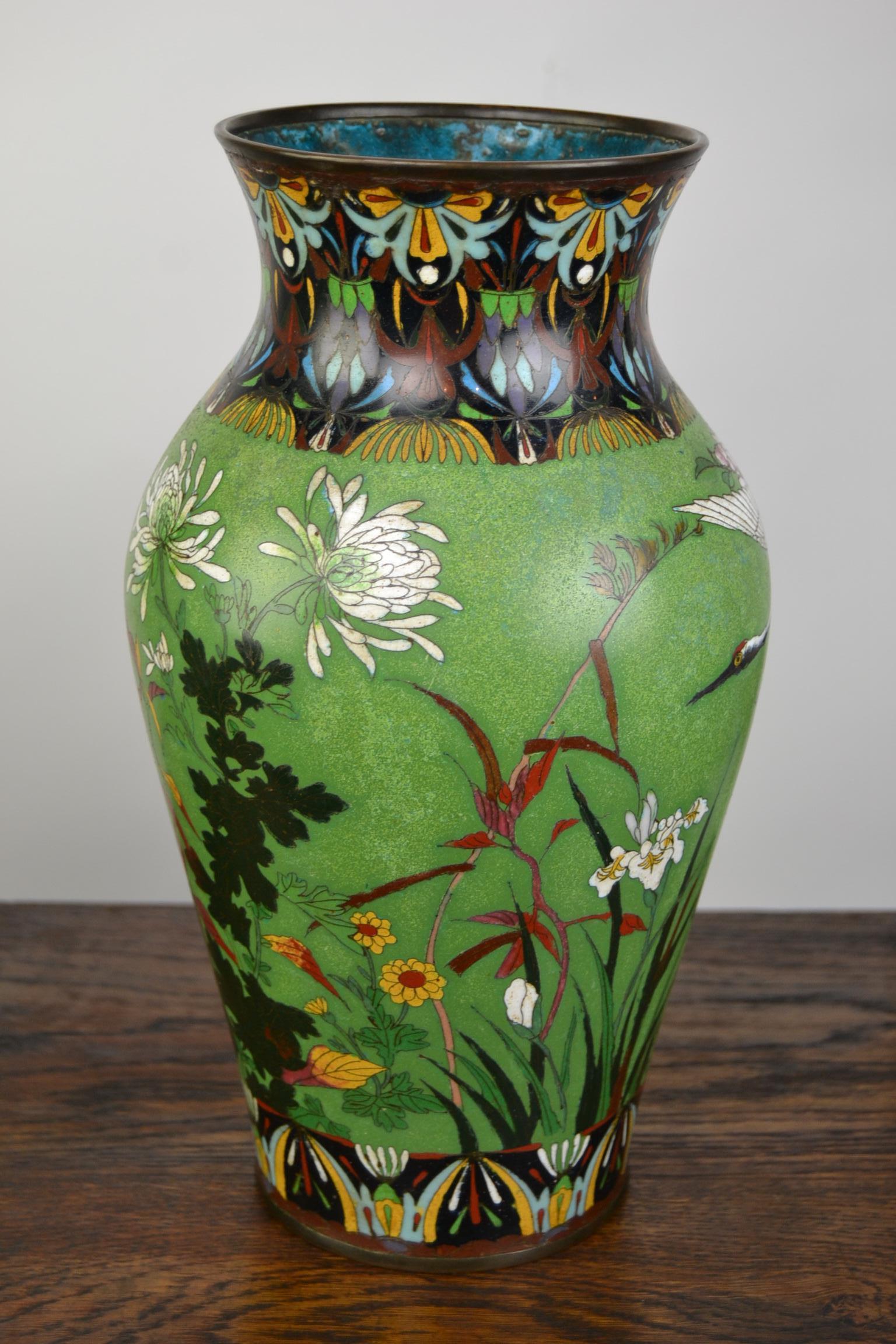 Pair of Japanese Cloisonne Enamel on Copper Vases with Crane Birds and Flowers  2