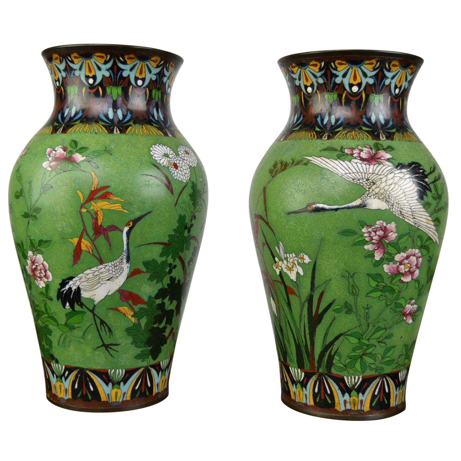 Pair of Japanese Cloisonne Enamel on Copper Vases with Crane Birds and Flowers 