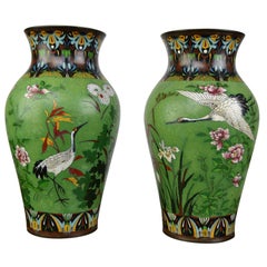 Pair of Japanese Cloisonne Enamel on Copper Vases with Crane Birds and Flowers