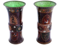 Pareja De Jarrones Trompeta Japoneses De Esmalte Cloisonné Dragones Atribuidos A Honda