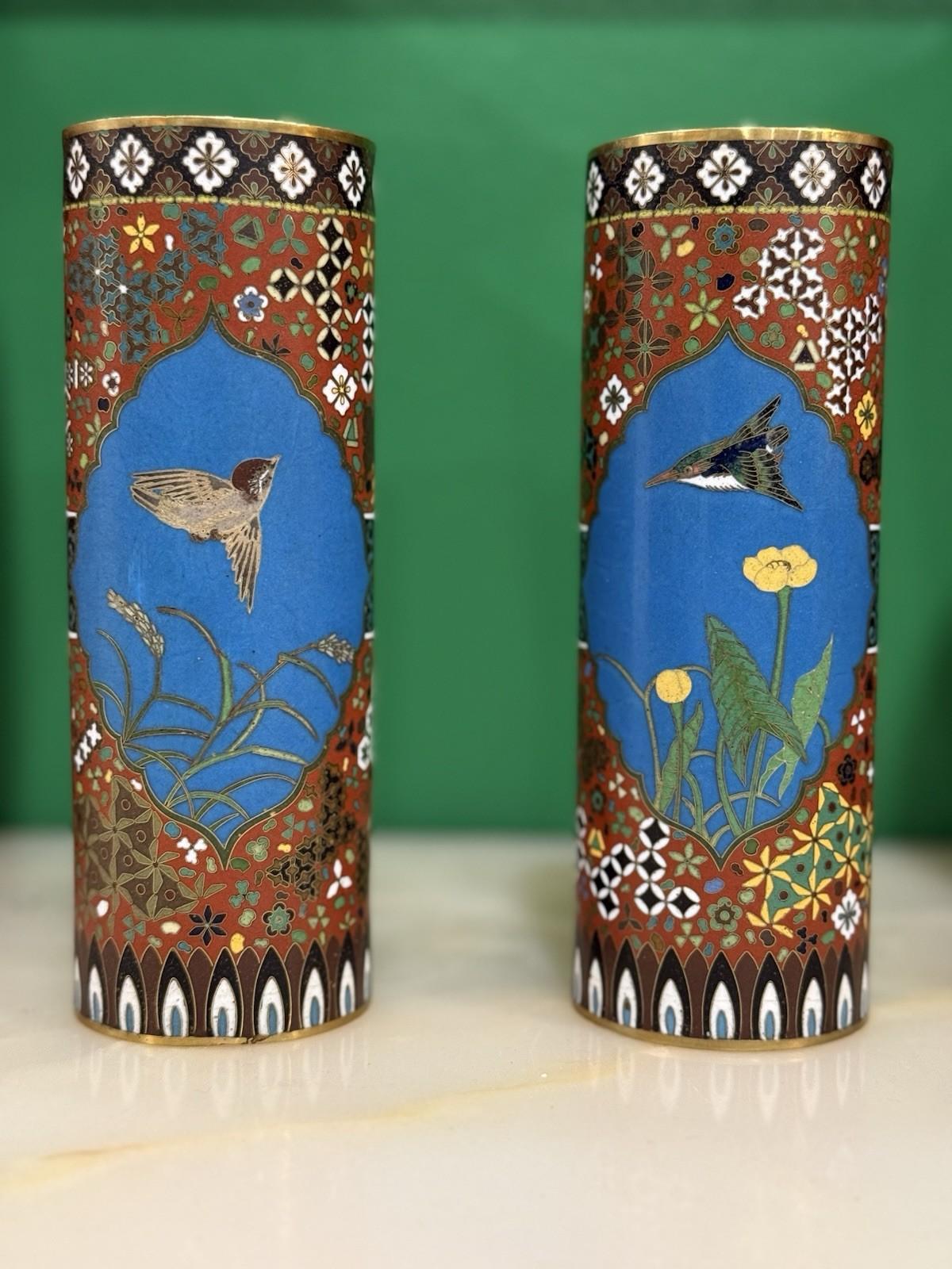 Meiji Pair of Japanese Cloisonné Enamel Vases Geometric Pattern In the Manner of Gotō For Sale