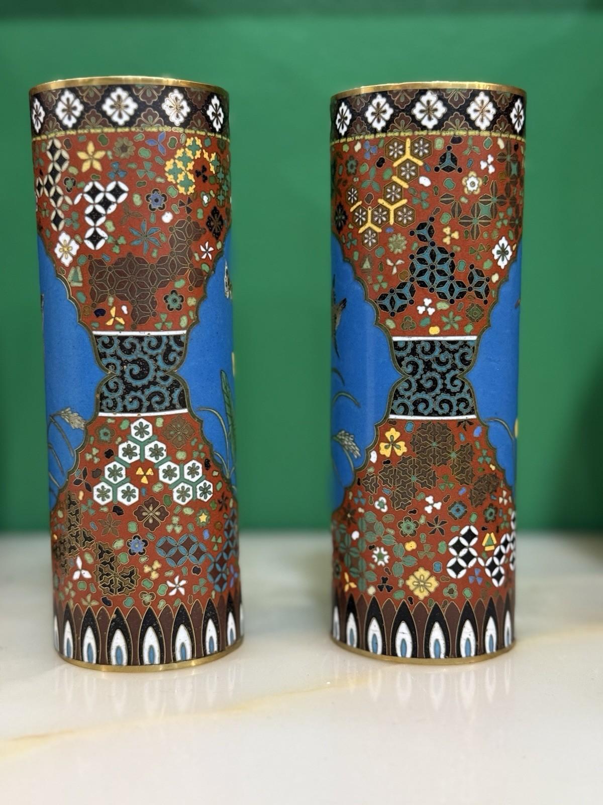 Cloissoné Pair of Japanese Cloisonné Enamel Vases Geometric Pattern In the Manner of Gotō For Sale