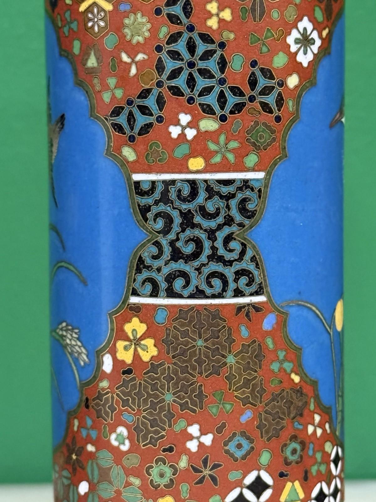 Pair of Japanese Cloisonné Enamel Vases Geometric Pattern In the Manner of Gotō In Good Condition For Sale In Long Island City, NY