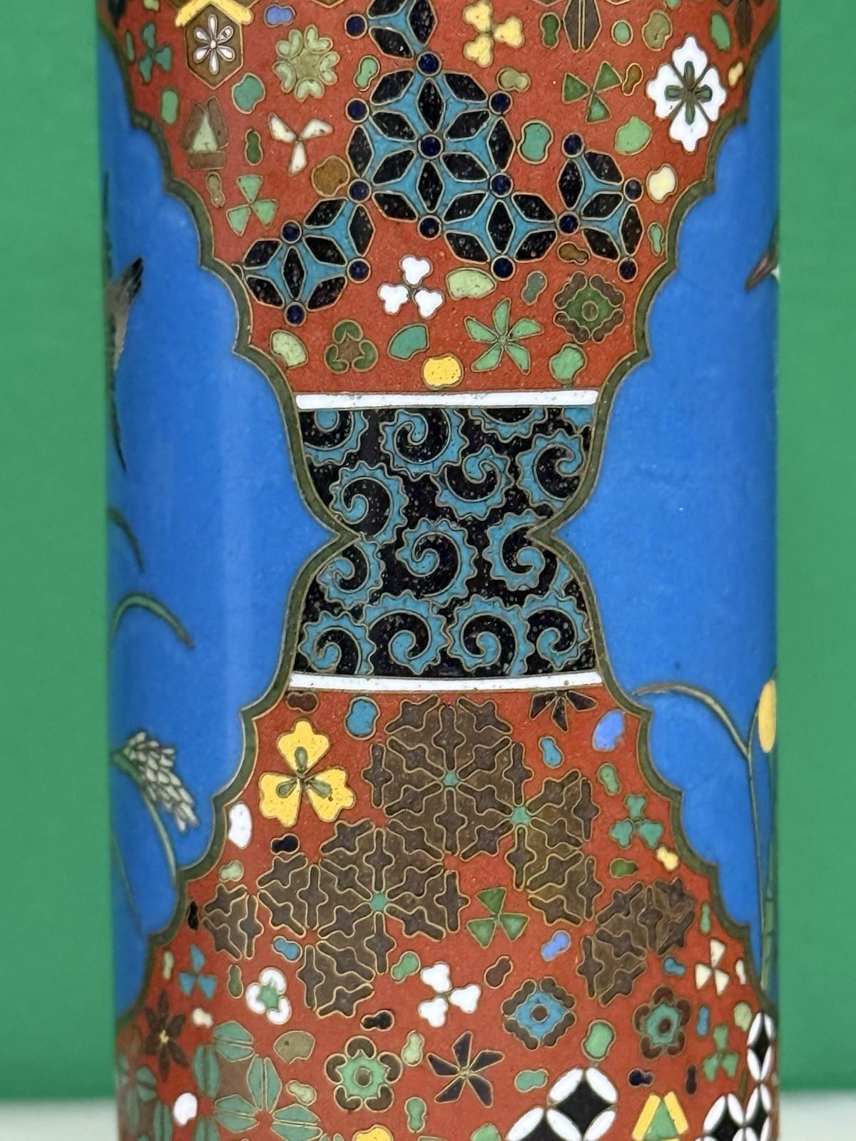 19th Century Pair of Japanese Cloisonné Enamel Vases Geometric Pattern In the Manner of Gotō For Sale