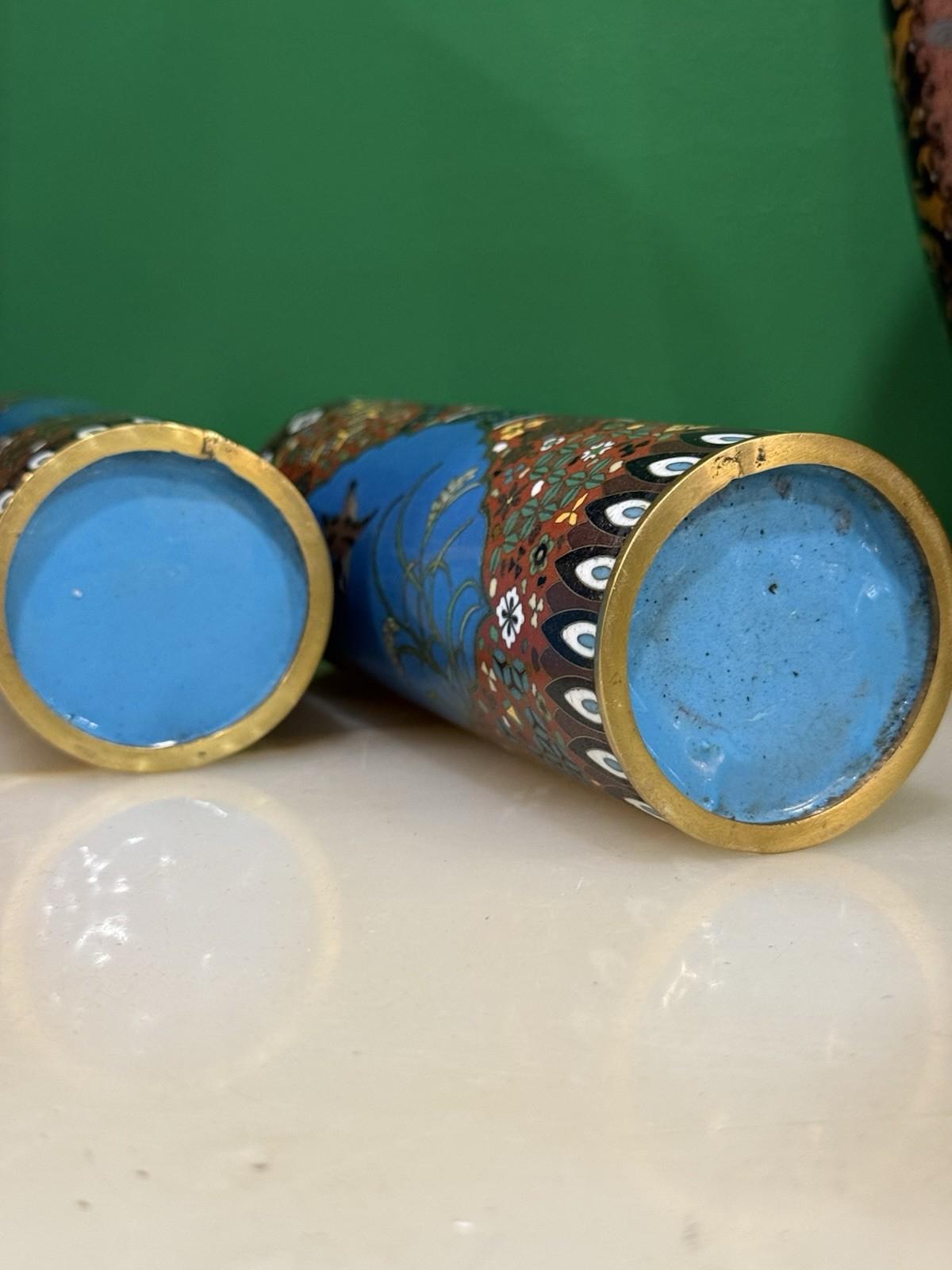 Pair of Japanese Cloisonné Enamel Vases Geometric Pattern In the Manner of Gotō For Sale 1