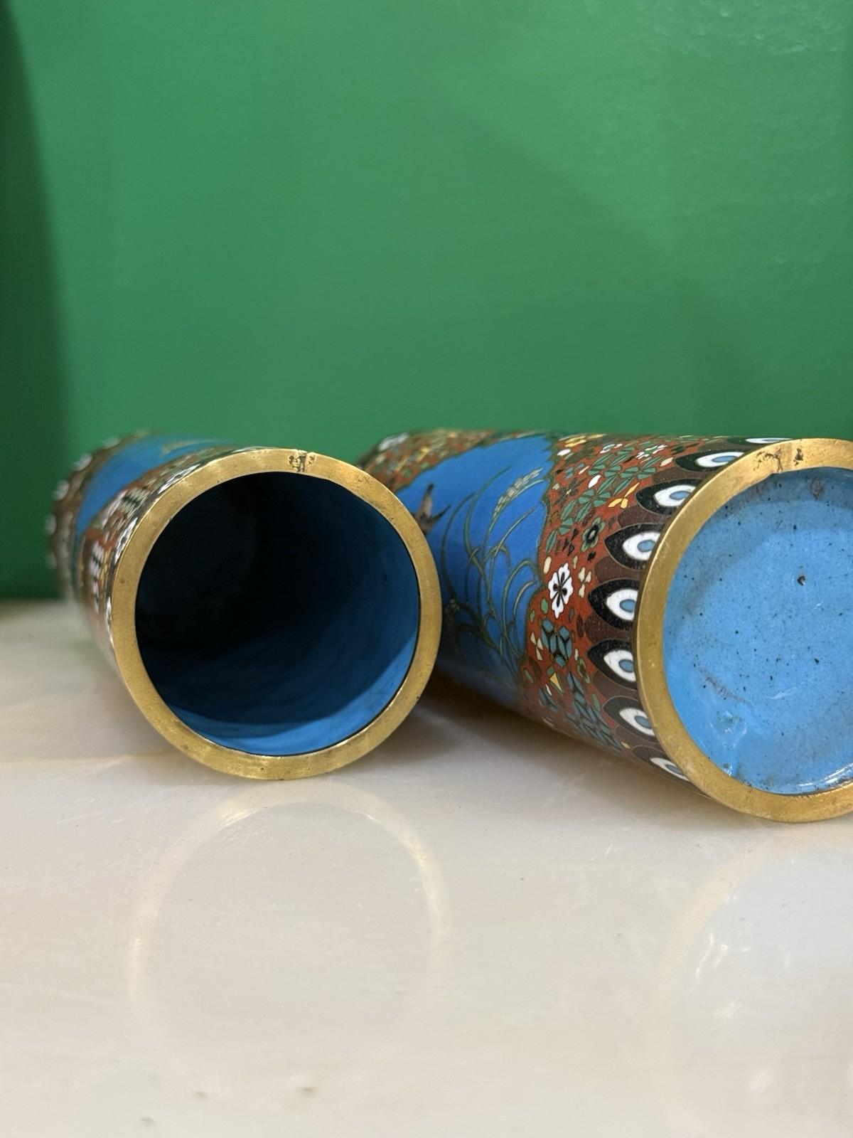 Pair of Japanese Cloisonné Enamel Vases Geometric Pattern In the Manner of Gotō For Sale 2