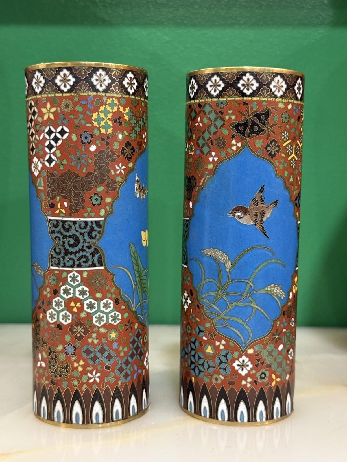 Pair of Japanese Cloisonné Enamel Vases Geometric Pattern In the Manner of Gotō For Sale 3
