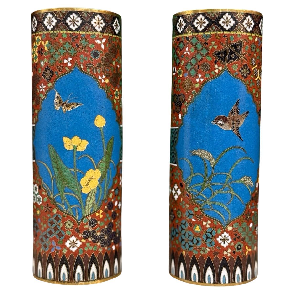 Pair of Japanese Cloisonné Enamel Vases Geometric Pattern In the Manner of Gotō For Sale