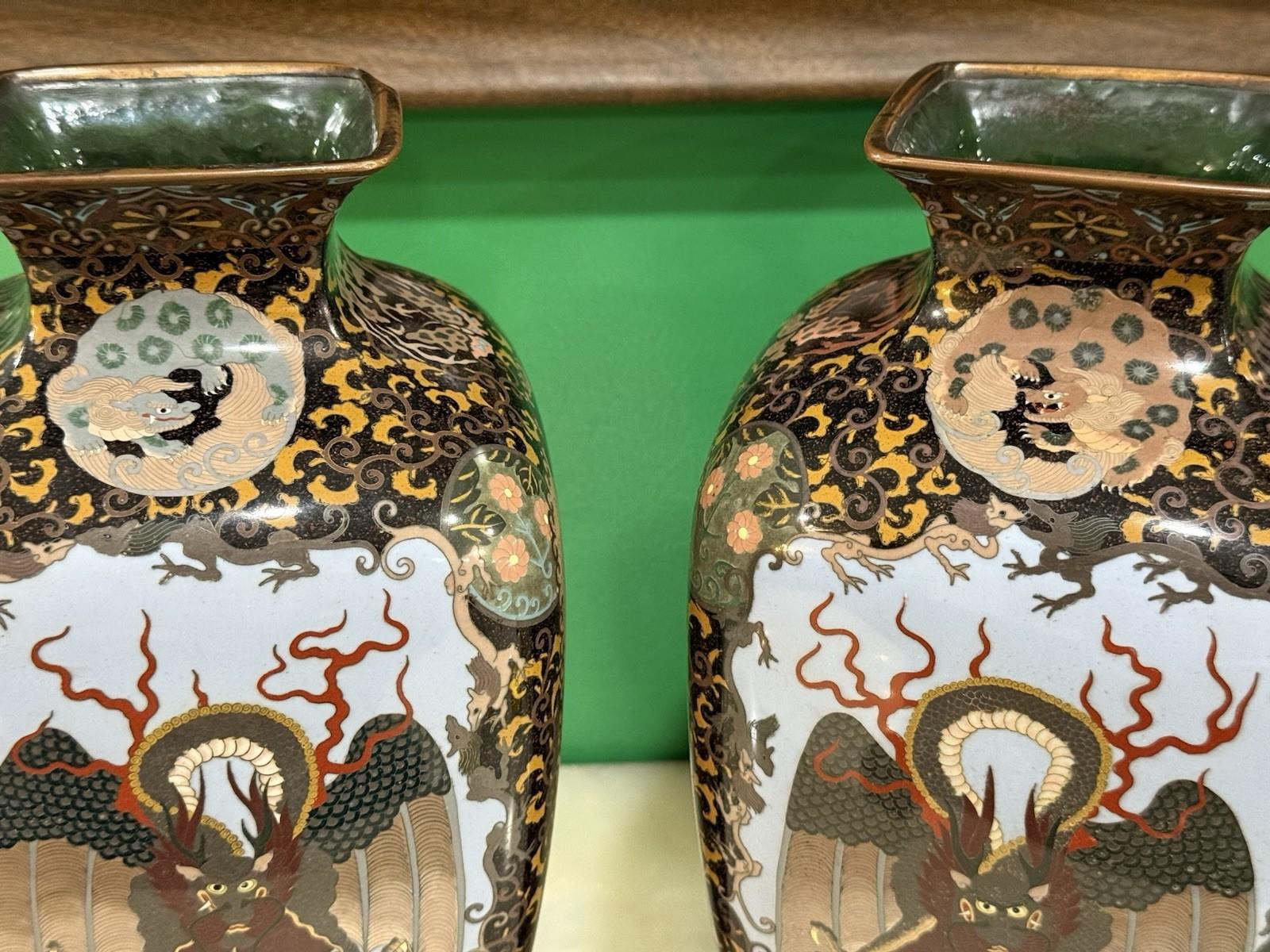 Pair of Japanese Cloisonne Enamel Vases with Kirin, Tiger, Dragon and Phoenix M For Sale 4