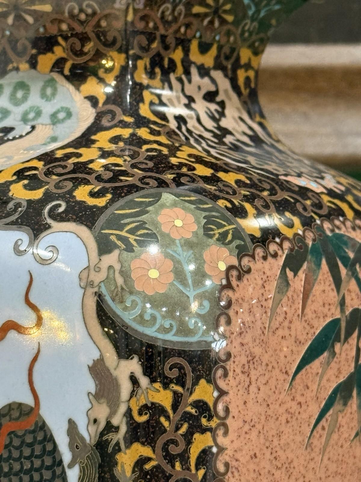 Pair of Japanese Cloisonne Enamel Vases with Kirin, Tiger, Dragon and Phoenix M For Sale 5
