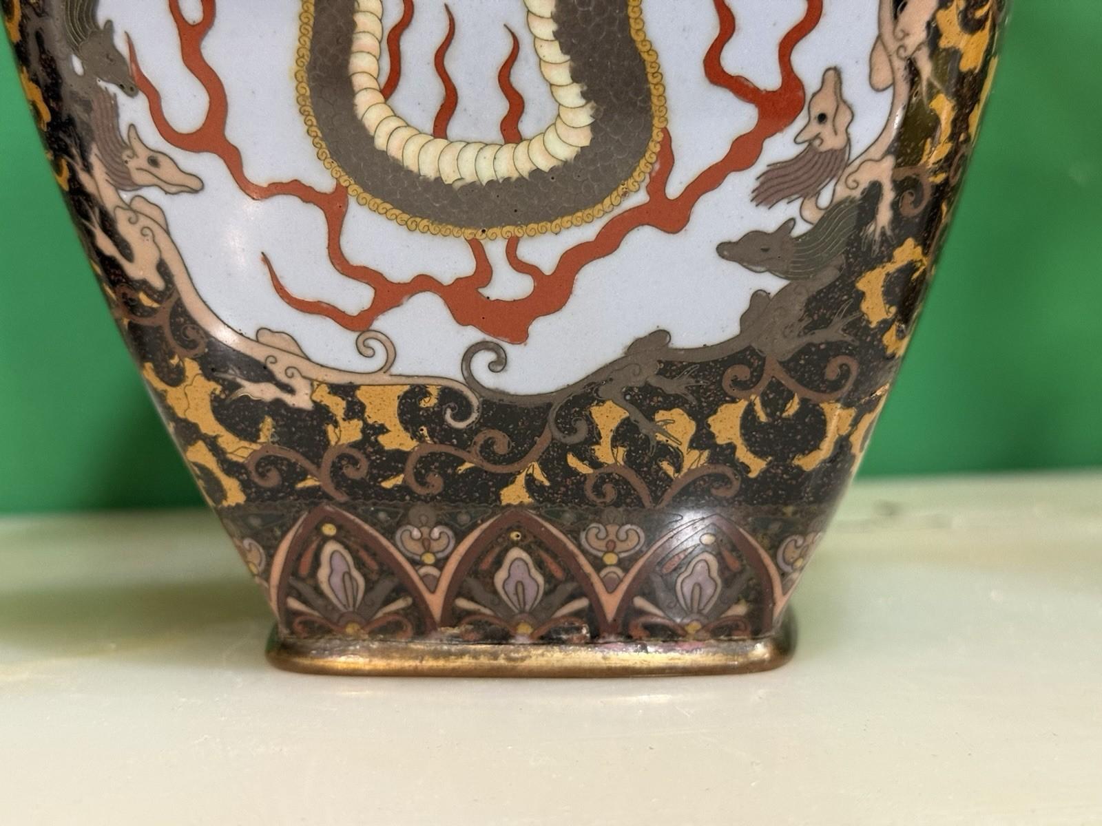 Pair of Japanese Cloisonne Enamel Vases with Kirin, Tiger, Dragon and Phoenix M For Sale 6