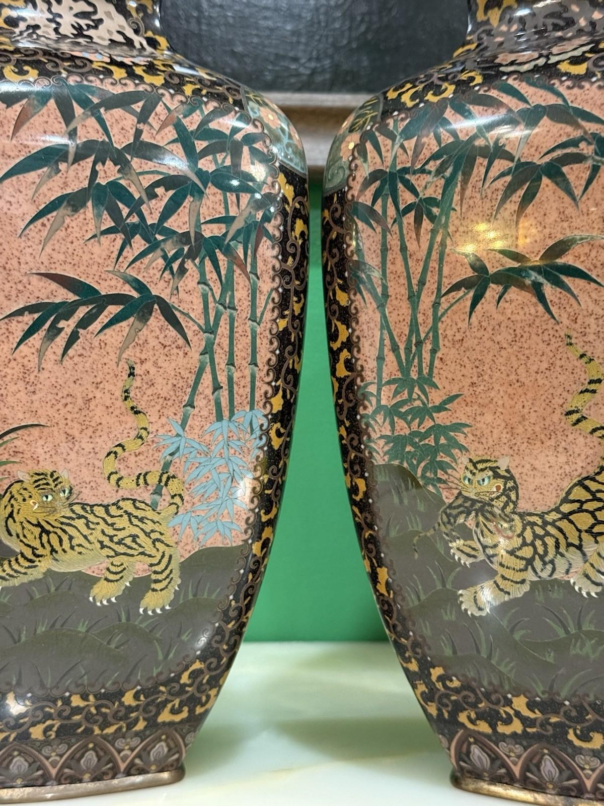 Pair of Japanese Cloisonne Enamel Vases with Kirin, Tiger, Dragon and Phoenix M For Sale 7