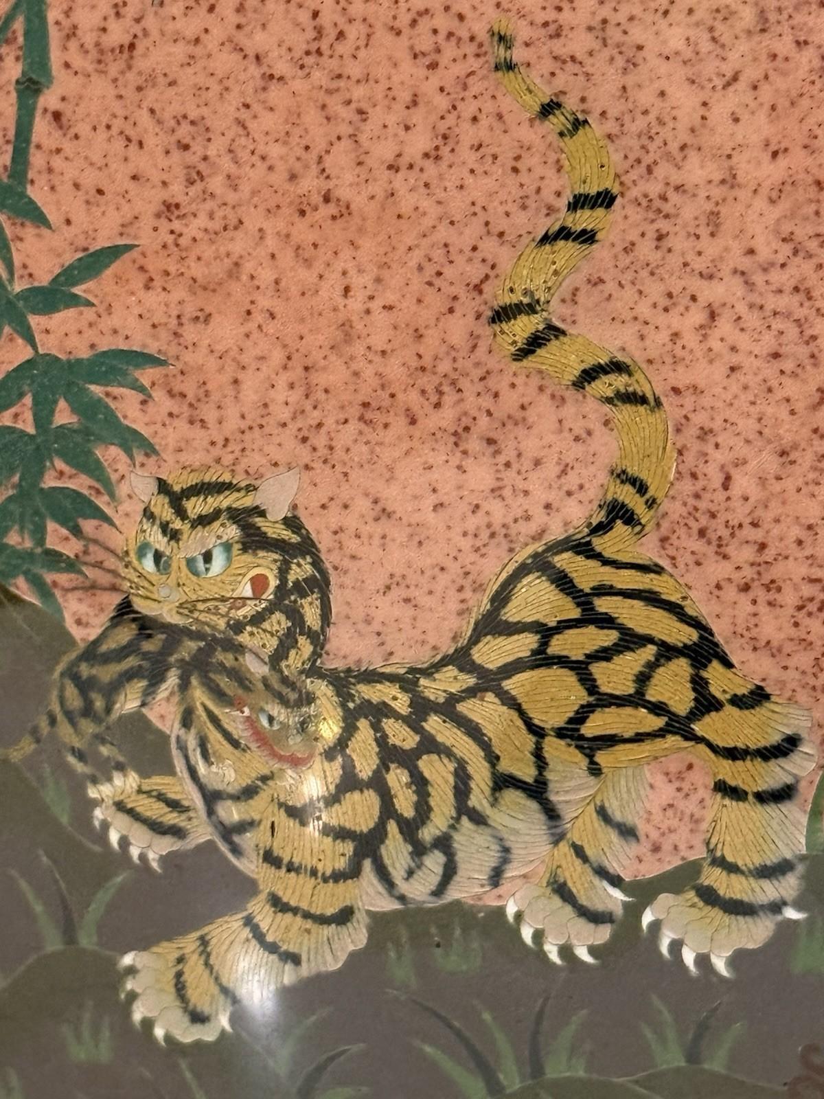 Pair of Japanese Cloisonne Enamel Vases with Kirin, Tiger, Dragon and Phoenix M For Sale 8