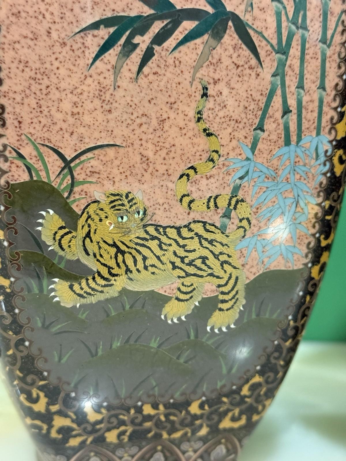Pair of Japanese Cloisonne Enamel Vases with Kirin, Tiger, Dragon and Phoenix M For Sale 9