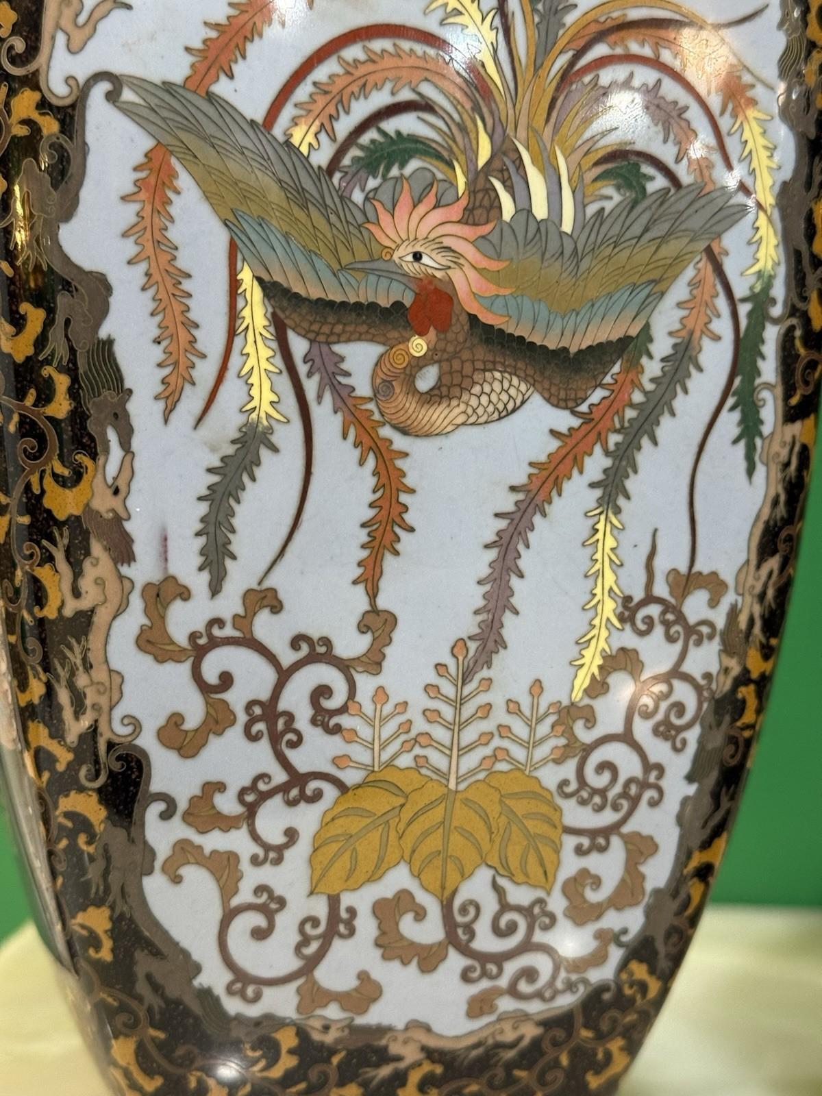 Pair of Japanese Cloisonne Enamel Vases with Kirin, Tiger, Dragon and Phoenix M For Sale 11