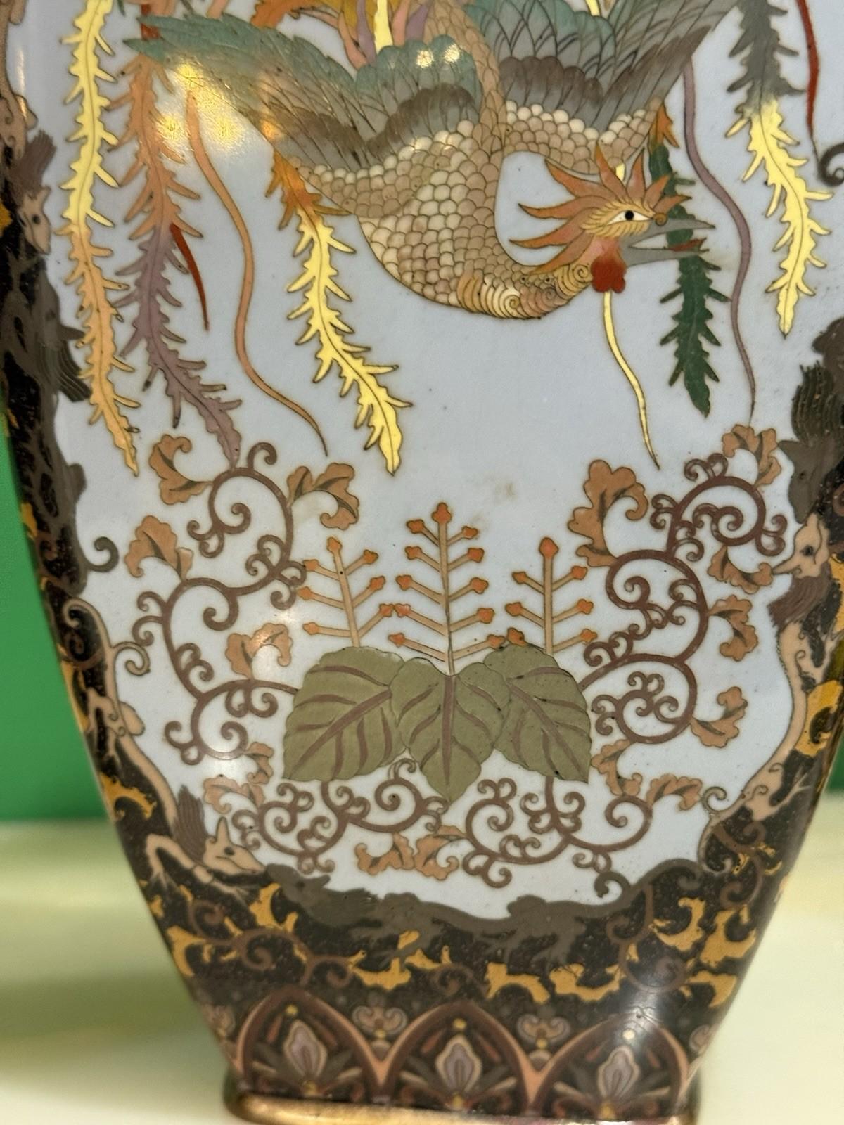 Pair of Japanese Cloisonne Enamel Vases with Kirin, Tiger, Dragon and Phoenix M For Sale 12