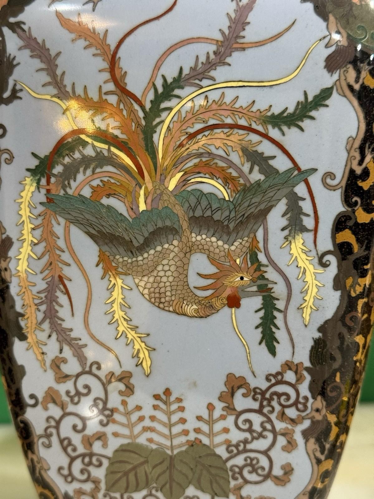 Pair of Japanese Cloisonne Enamel Vases with Kirin, Tiger, Dragon and Phoenix M For Sale 13