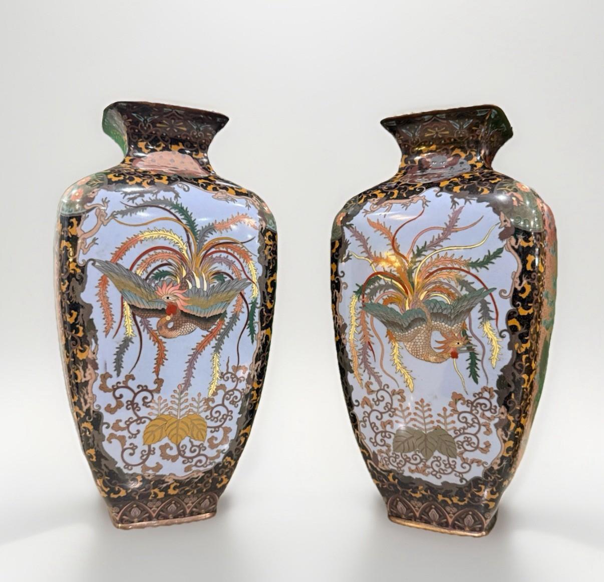 Meiji Pair of Japanese Cloisonne Enamel Vases with Kirin, Tiger, Dragon and Phoenix M For Sale