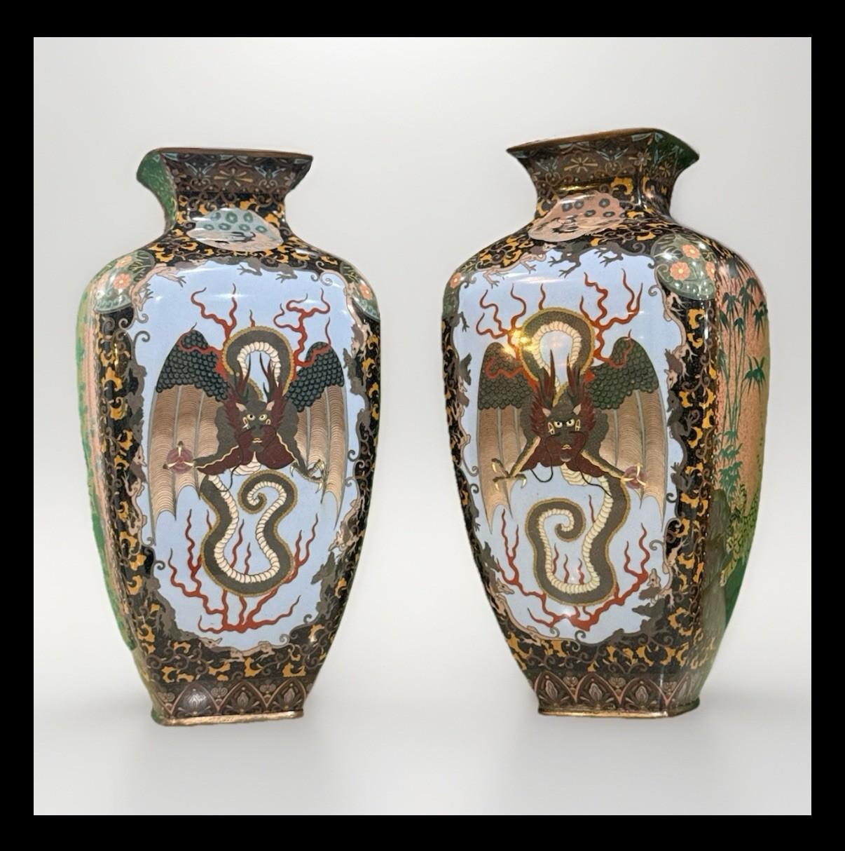 Cloissoné Pair of Japanese Cloisonne Enamel Vases with Kirin, Tiger, Dragon and Phoenix M For Sale