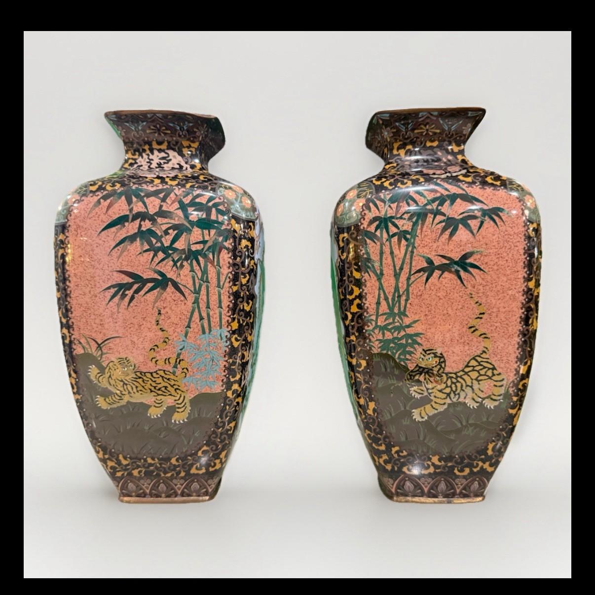 Pair of Japanese Cloisonne Enamel Vases with Kirin, Tiger, Dragon and Phoenix M In Good Condition For Sale In Long Island City, NY