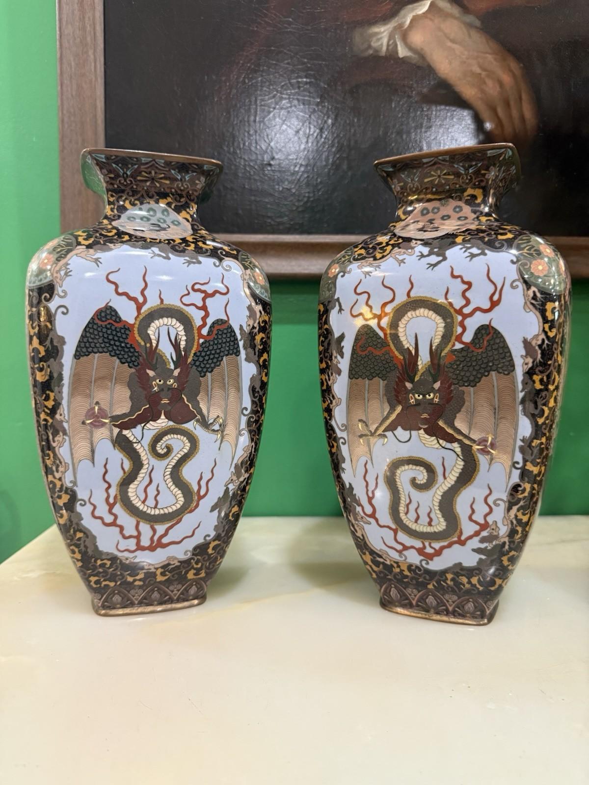 19th Century Pair of Japanese Cloisonne Enamel Vases with Kirin, Tiger, Dragon and Phoenix M For Sale