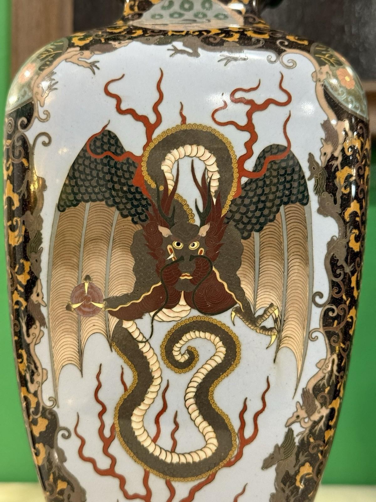 Pair of Japanese Cloisonne Enamel Vases with Kirin, Tiger, Dragon and Phoenix M For Sale 1