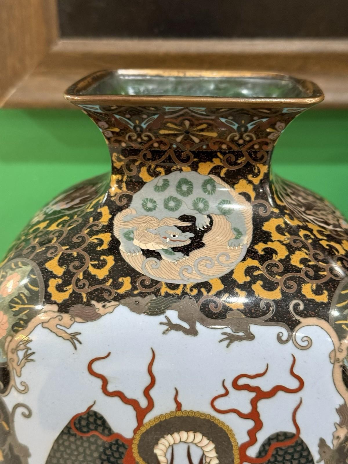 Pair of Japanese Cloisonne Enamel Vases with Kirin, Tiger, Dragon and Phoenix M For Sale 2