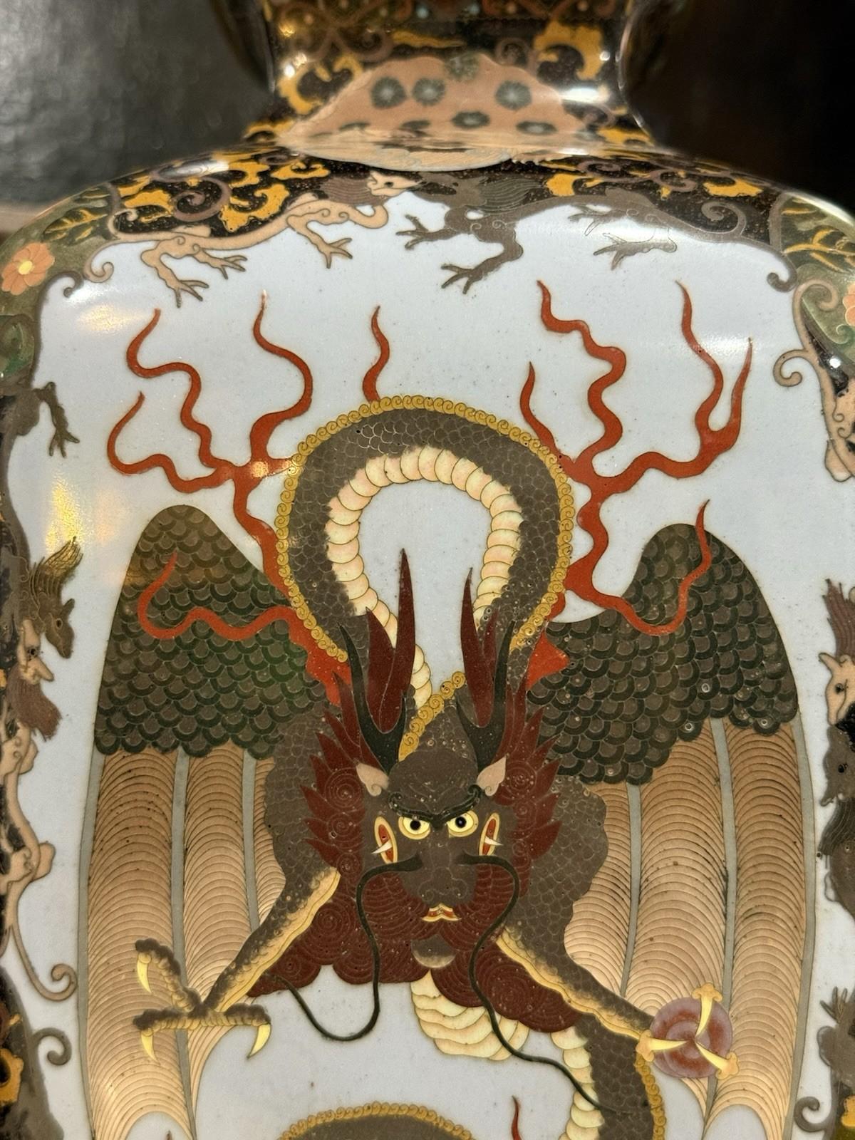 Pair of Japanese Cloisonne Enamel Vases with Kirin, Tiger, Dragon and Phoenix M For Sale 3