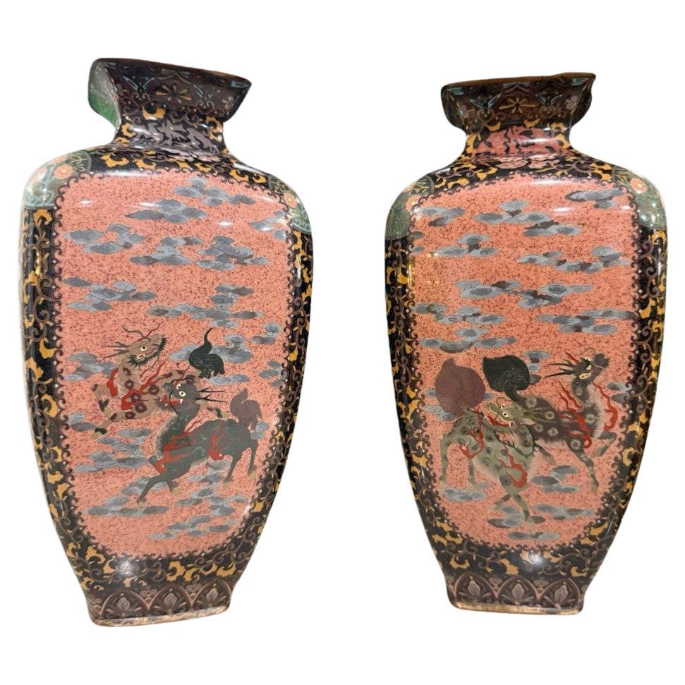 Pair of Japanese Cloisonne Enamel Vases with Kirin, Tiger, Dragon and Phoenix M For Sale