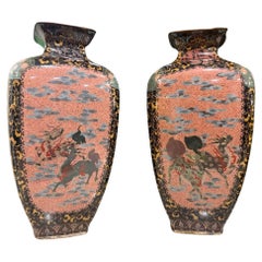 Pair of Japanese Cloisonne Enamel Vases with Kirin, Tiger, Dragon and Phoenix M
