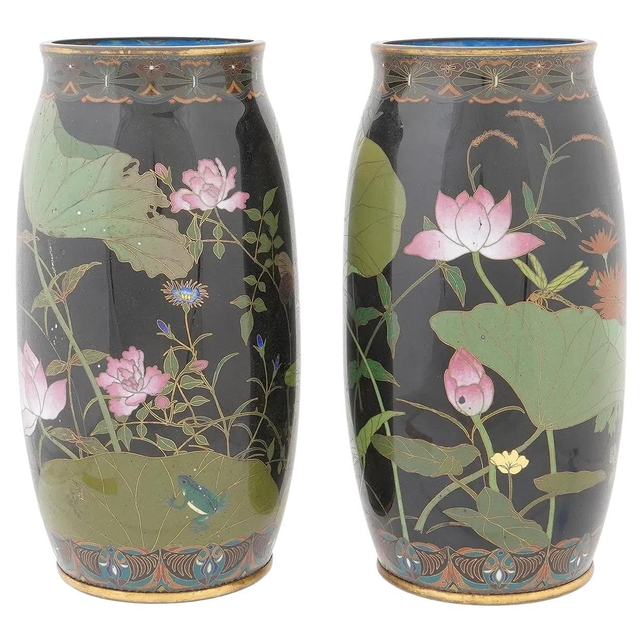 Pair of Japanese Cloisonne Enamel Vases with Lotus Frog and Butterflies Goto
