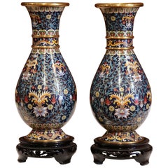 Pair of Japanese Cloisonné Enameled and Brass Vases with Wood Carved Stands
