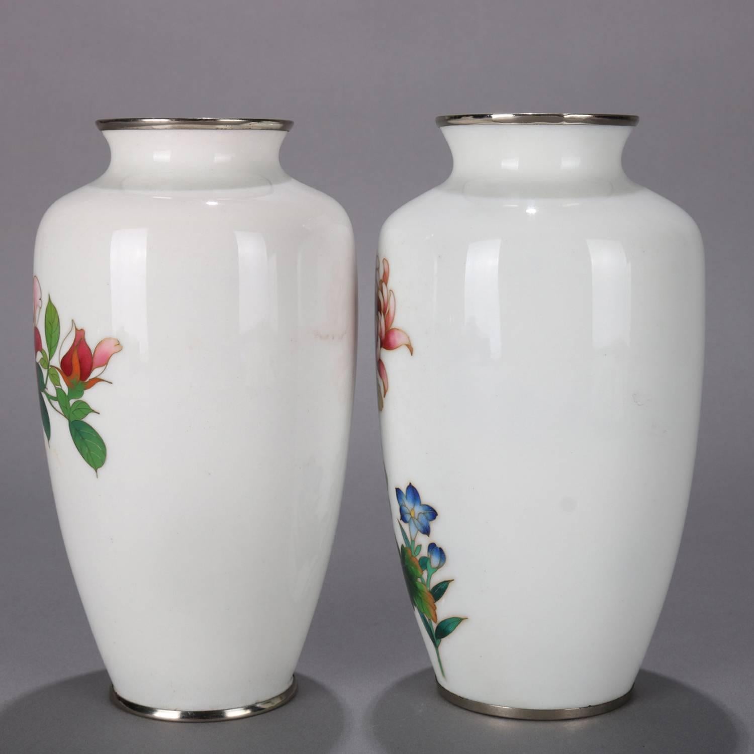 20th Century Pair of Japanese Cloisonné Enameled Floral Rose and Chrysanthemum Cabinet Vase