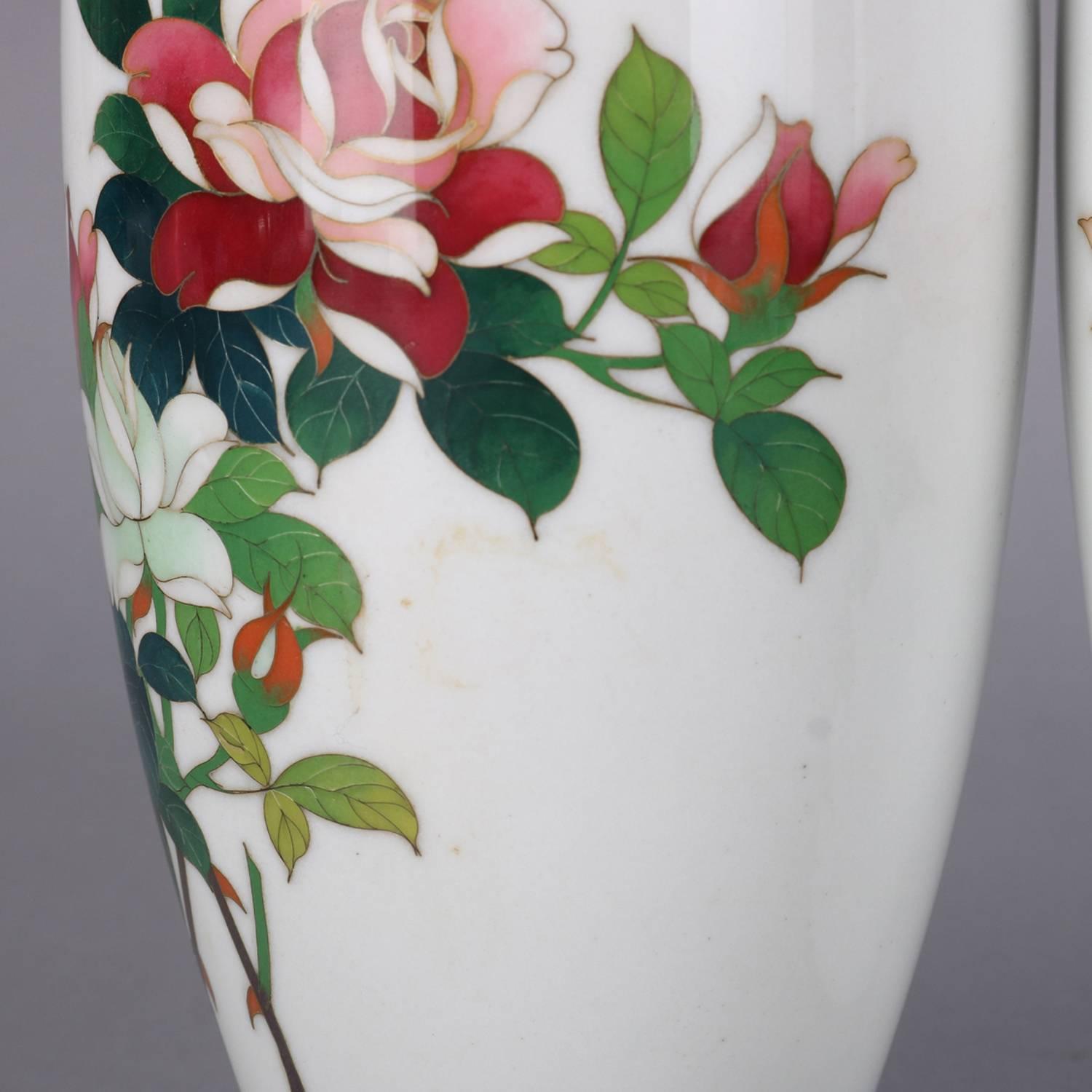 Metal Pair of Japanese Cloisonné Enameled Floral Rose and Chrysanthemum Cabinet Vase