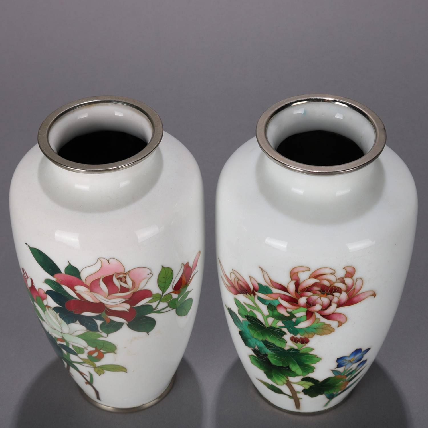 Pair of Japanese Cloisonné Enameled Floral Rose and Chrysanthemum Cabinet Vase 1