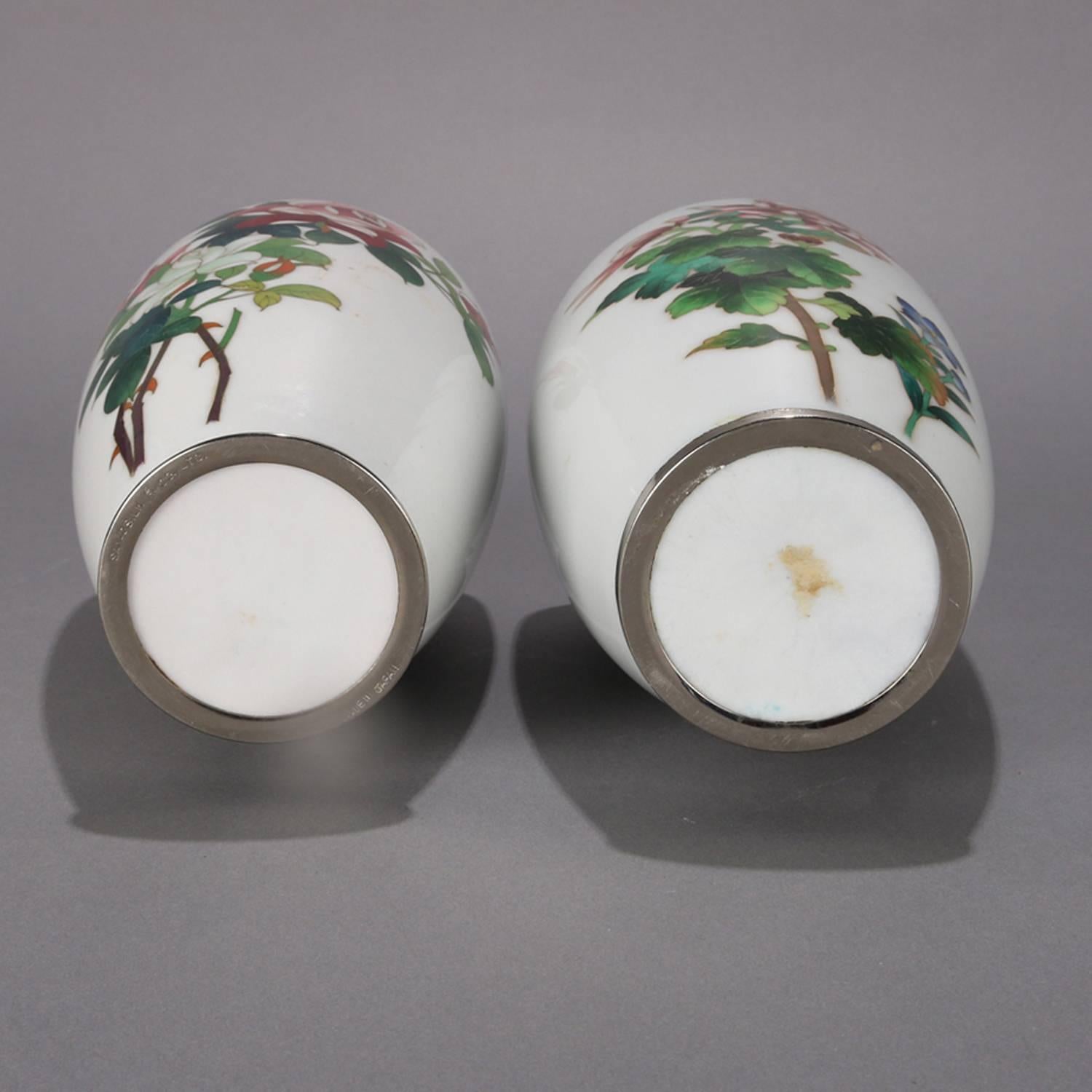 Pair of Japanese Cloisonné Enameled Floral Rose and Chrysanthemum Cabinet Vase 2