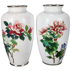 Pair of Japanese Cloisonné Enameled Floral Rose and Chrysanthemum Cabinet Vase