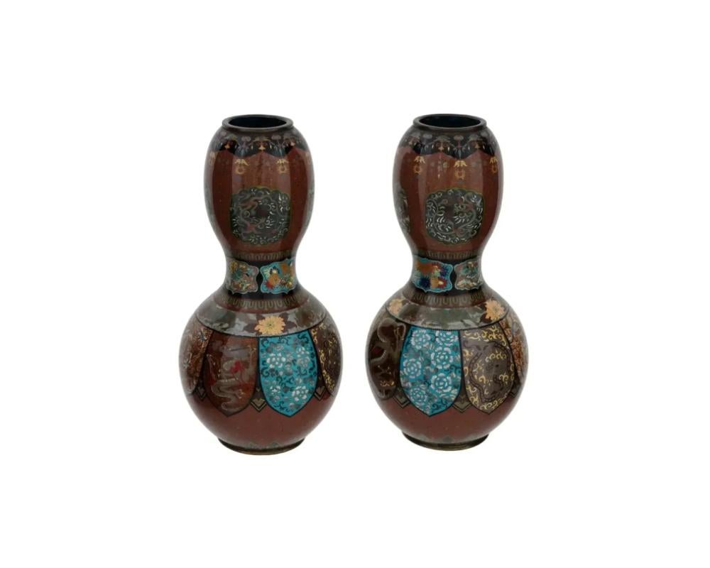Meiji Pair of Japanese Cloisonne Goldstone Enamel Double Gourd Dragon Vases For Sale