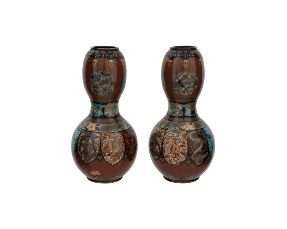 Cloissoné Pair of Japanese Cloisonne Goldstone Enamel Double Gourd Dragon Vases For Sale