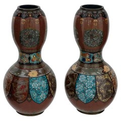 Antique Pair of Japanese Cloisonne Goldstone Enamel Double Gourd Dragon Vases